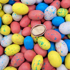 Buha Sweets front packaging of 1 lb robin eggs showing colorful pastel shells and bulk bag benefit