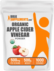 BulkSupplements front pouch view showing organic ACV powder, clear packaging benefit