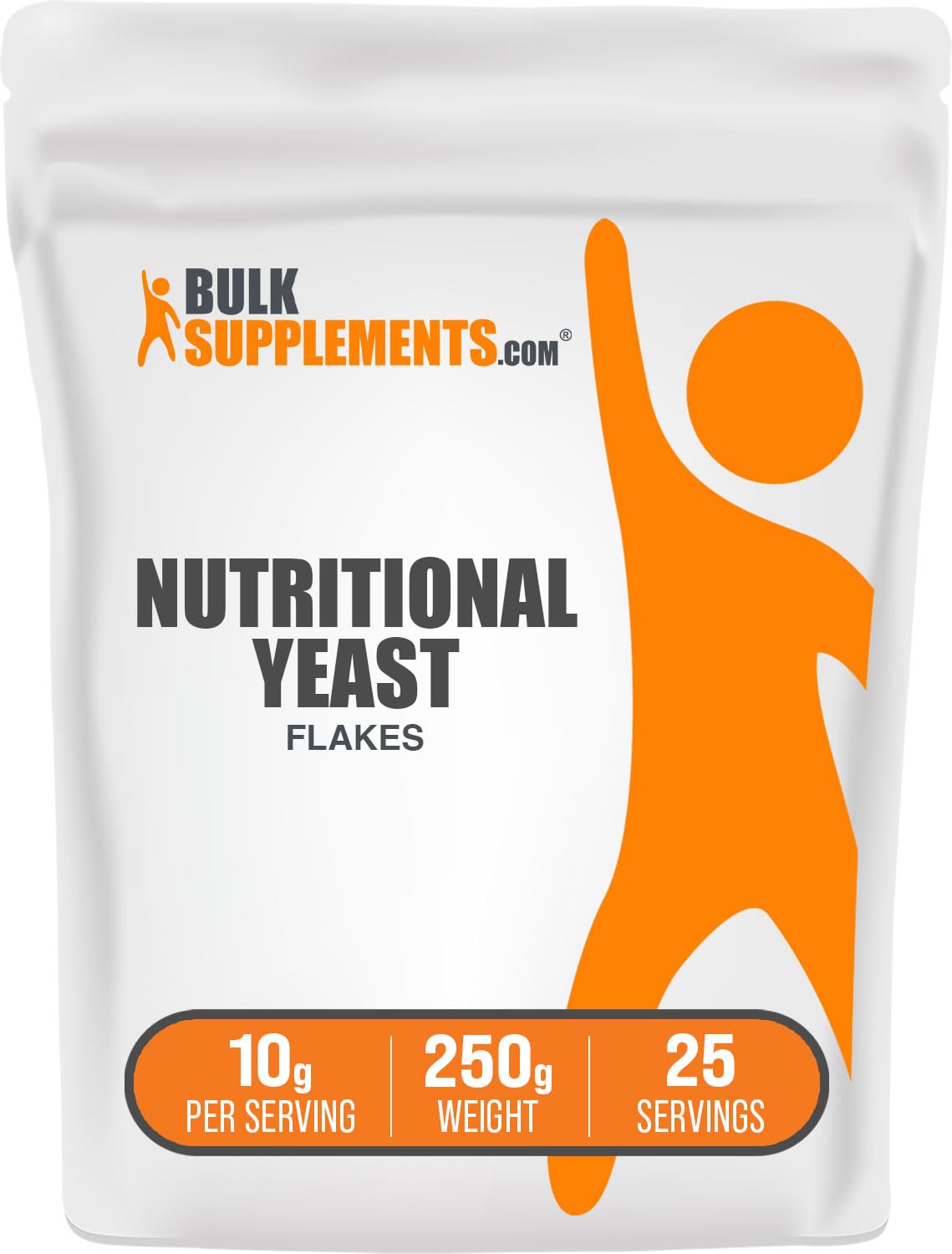 BulkSupplements front pouch of nutritional yeast flakes showing label and size benefit