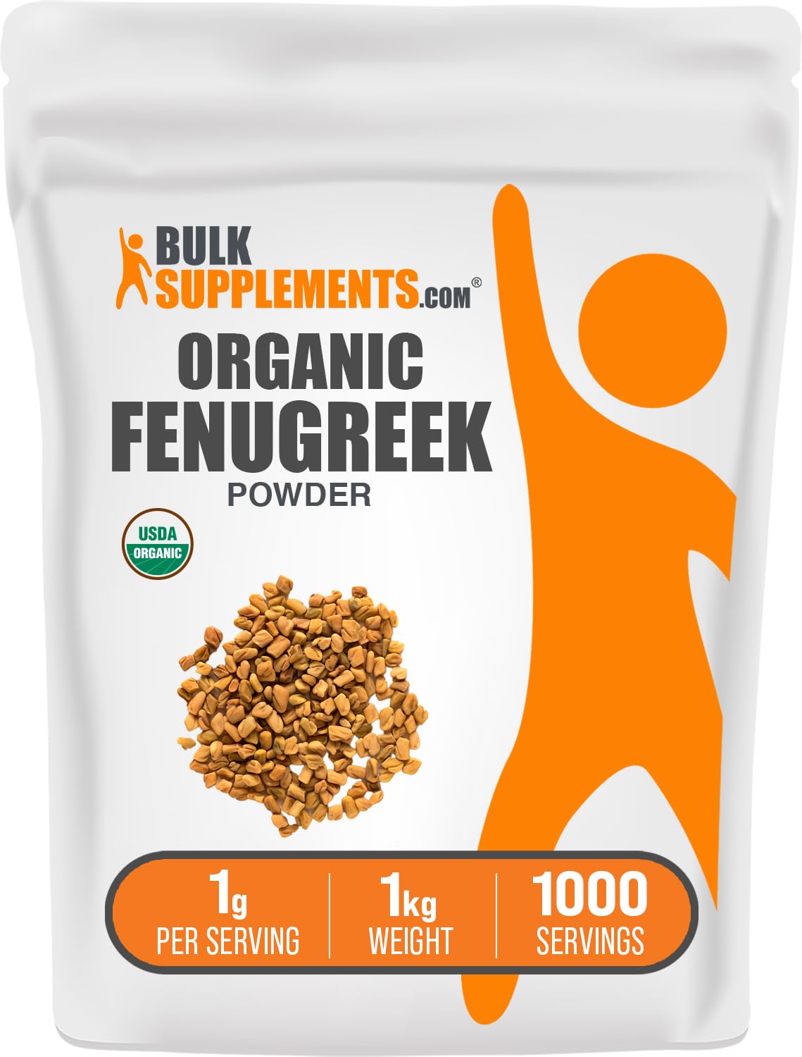 BulkSupplements front packaging of organic fenugreek powder showing size and convenience
