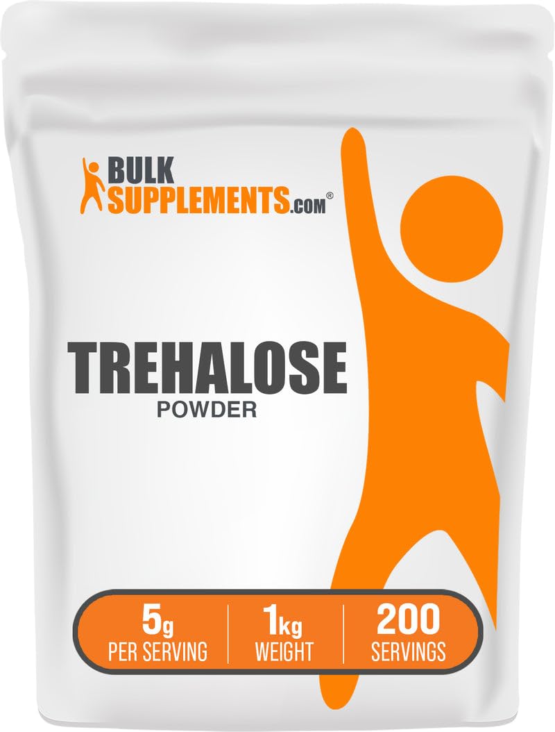 BulkSupplements front packaging showing 1 kg trehalose powder and clear labeling benefit quality