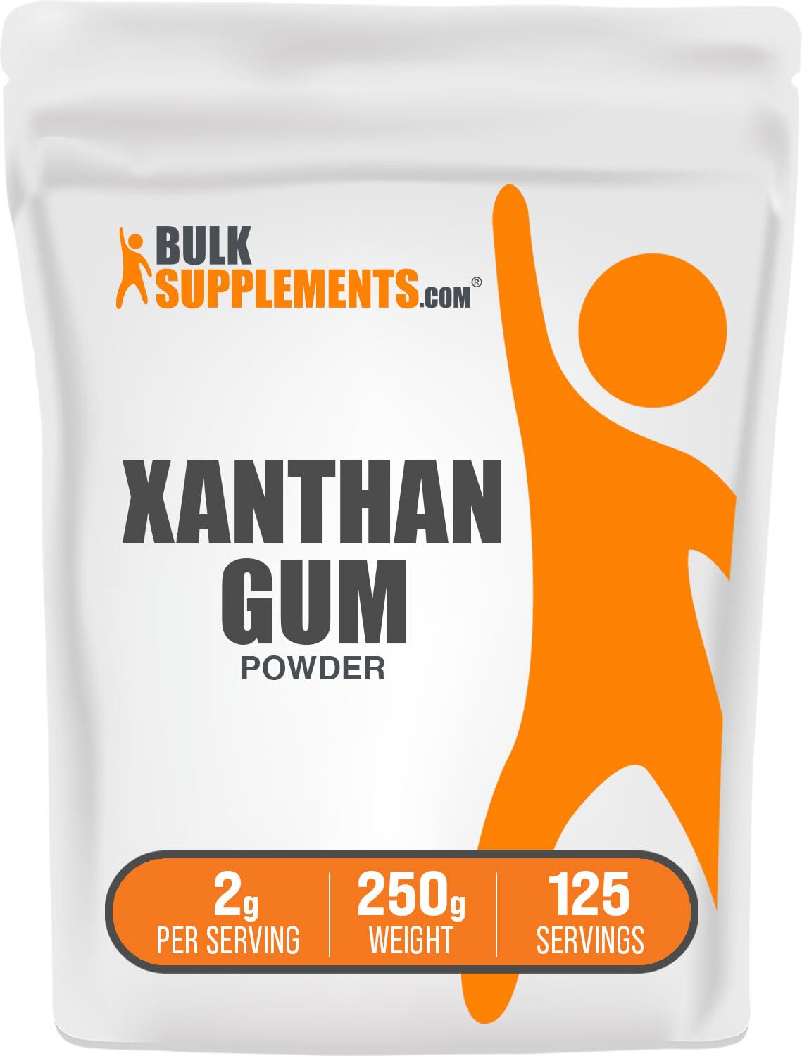 BulkSupplements front packaging of xanthan gum showing 250g size and label benefit