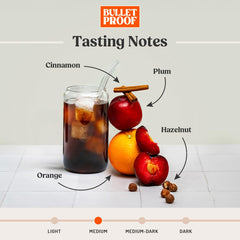 Bulletproof bag label visible with roast notes and certification benefits
