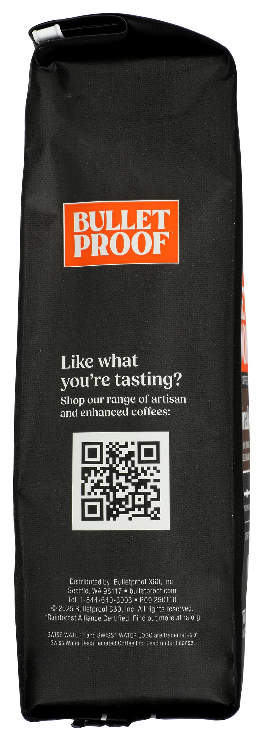 Bulletproof bag label and roast notes highlighting toxin testing benefit