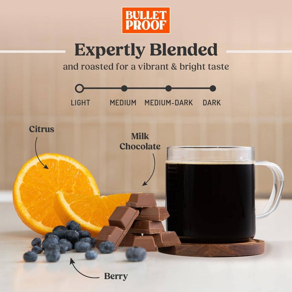 Bulletproof close-up of whole bean texture highlighting roast clarity and aroma