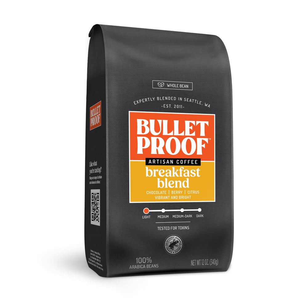 Bulletproof front packaging showing 12 oz bag and branding with fresh look