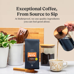 Bulletproof pour-over brew setup showing decaf coffee delivering rich aroma