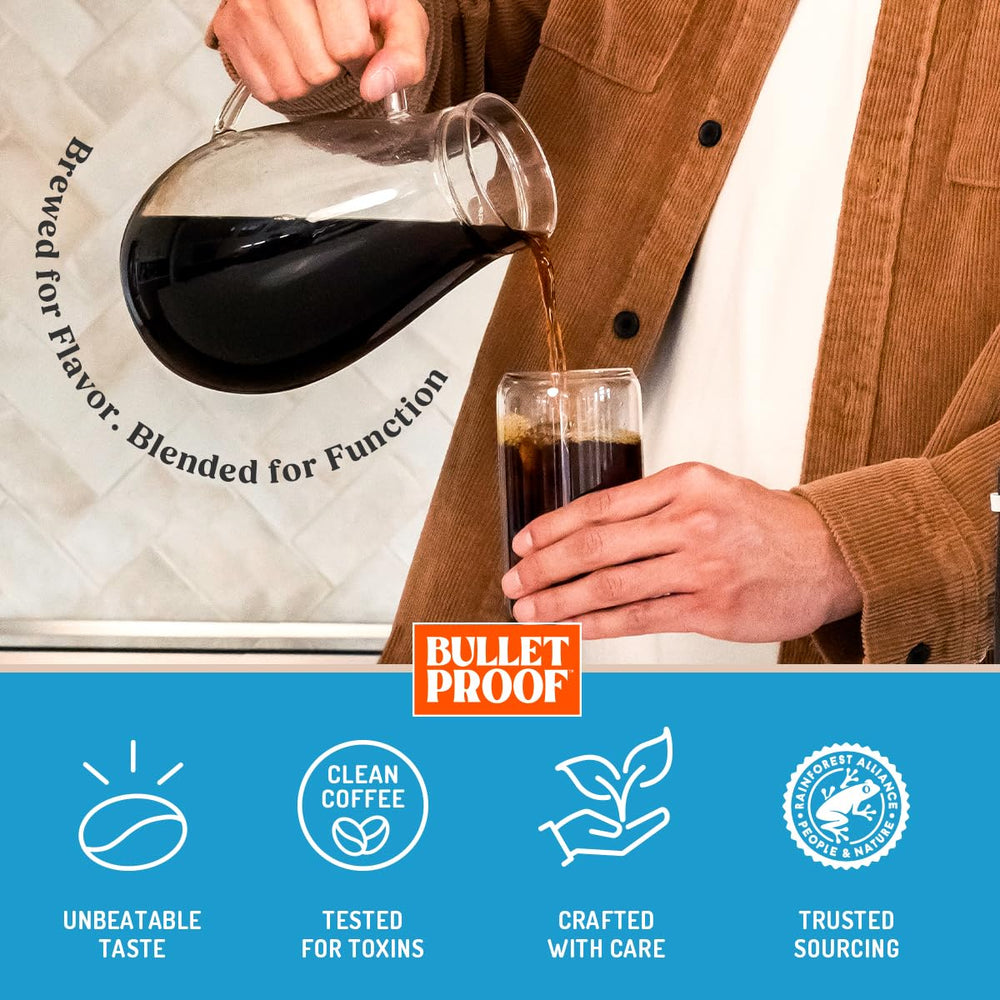 Bulletproof cold brew in a pitcher over ice showcasing refreshing chilled coffee