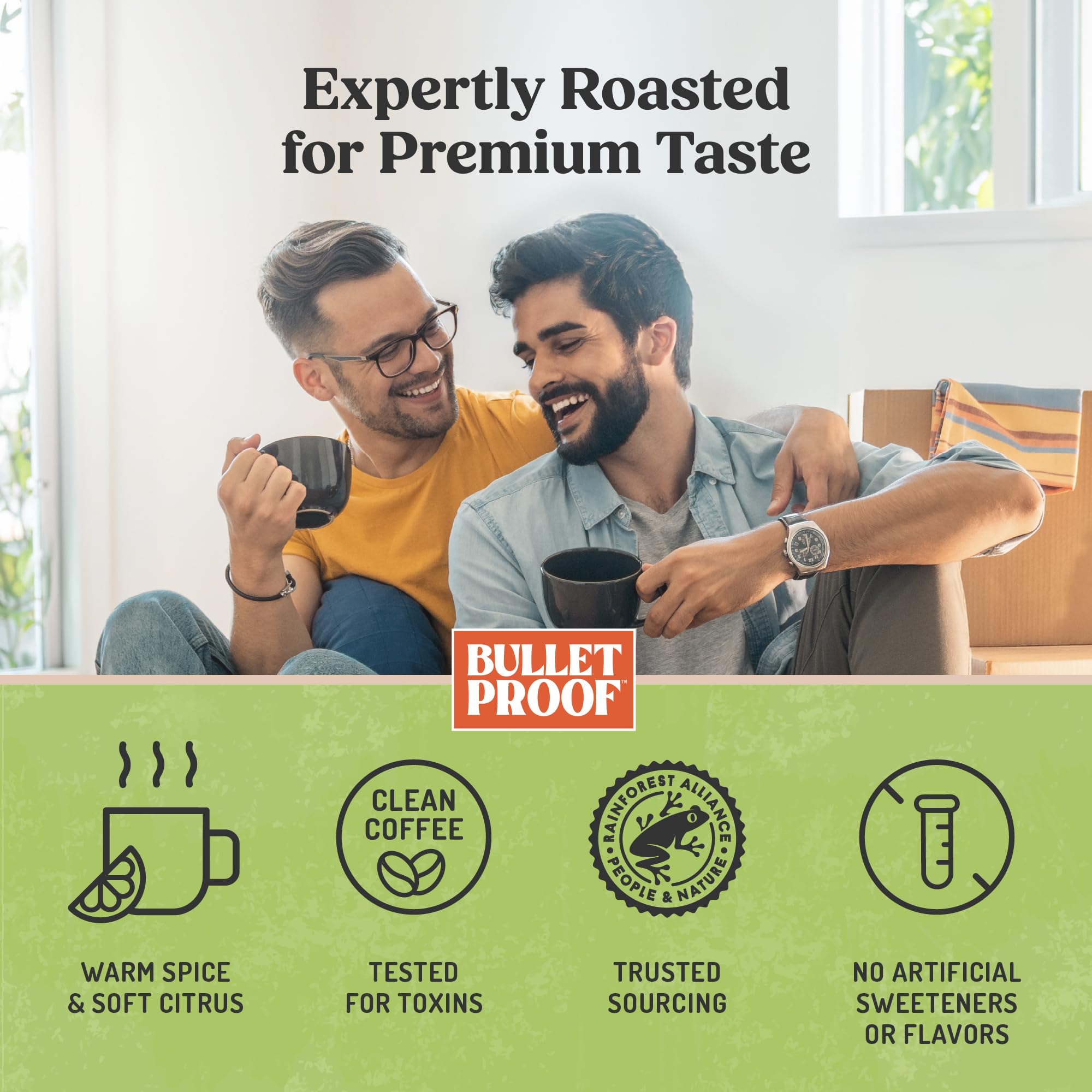 Bulletproof brewed French press cup with steam, emphasizes bold flavor extraction