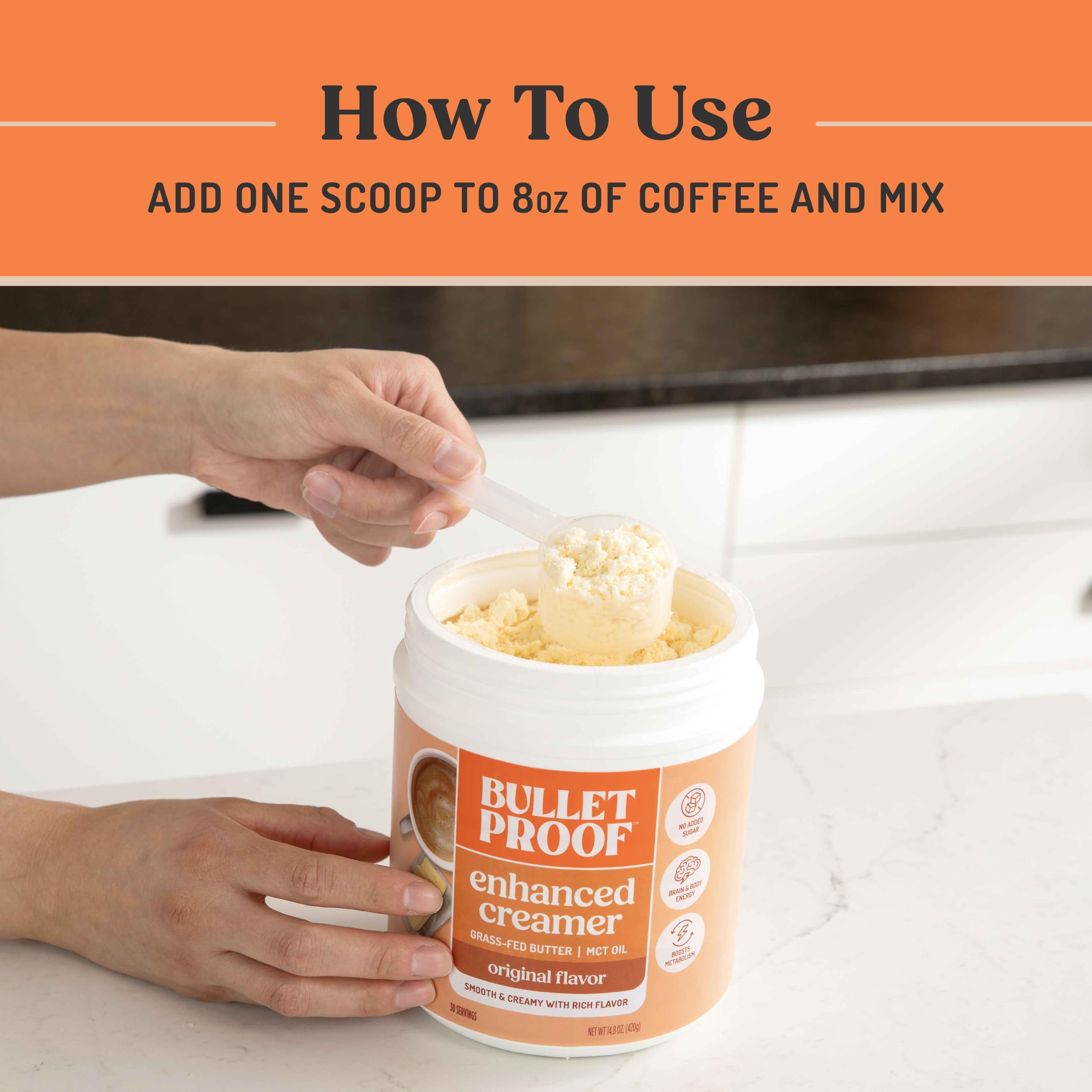 Bulletproof creamer on kitchen counter in a morning routine