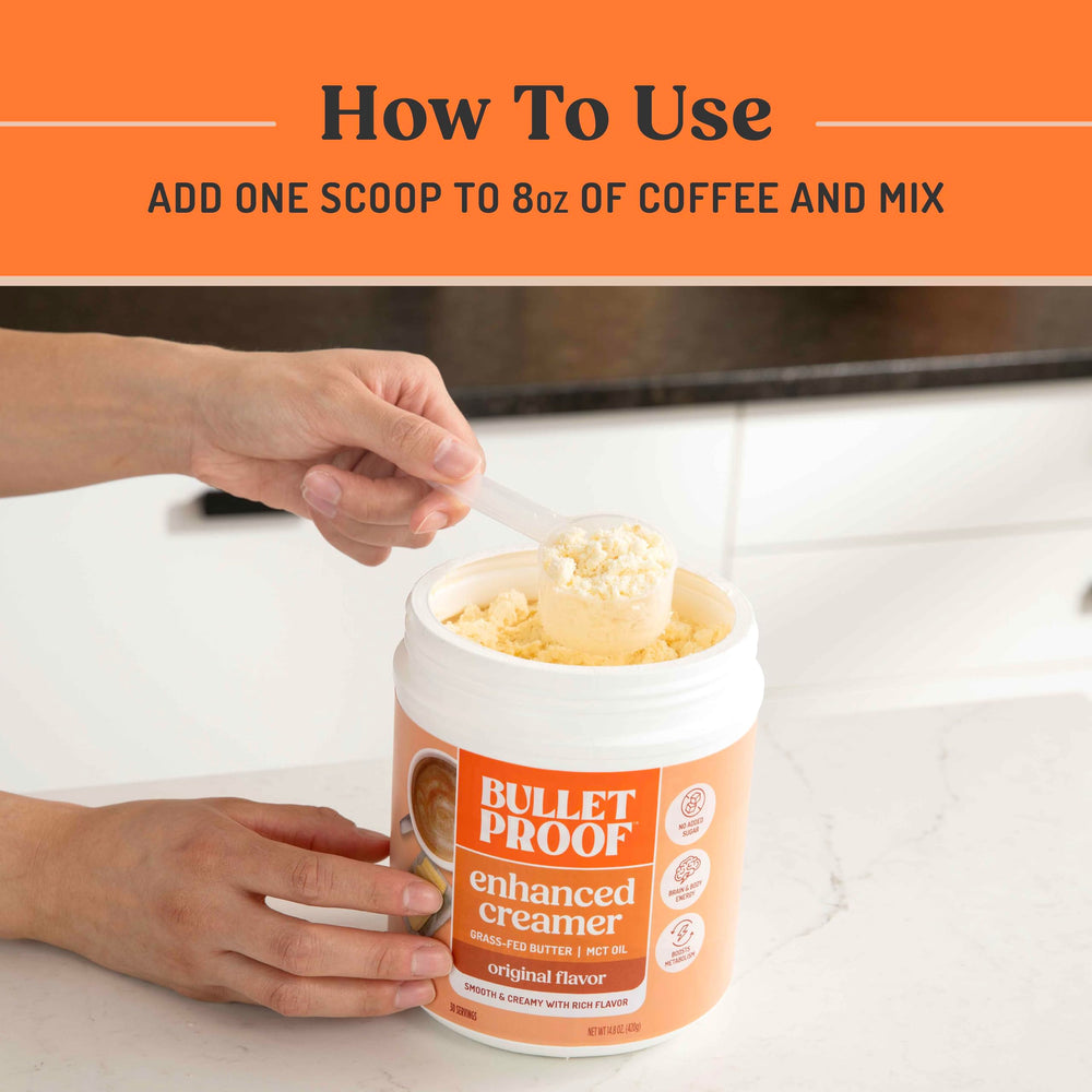 Bulletproof creamer on kitchen counter in a morning routine