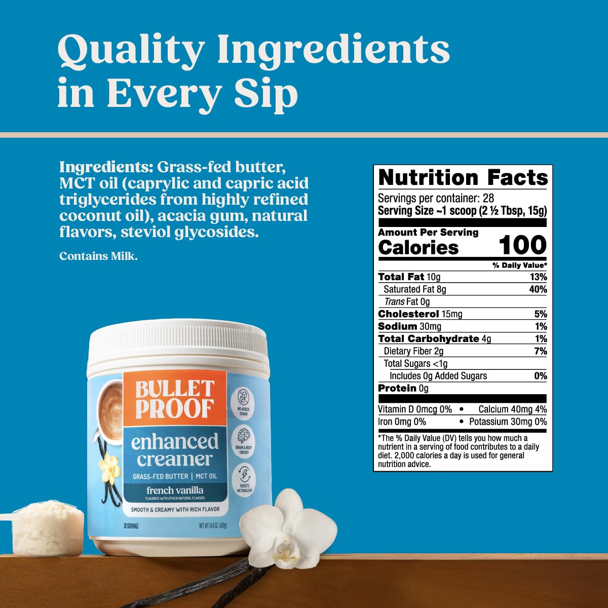 Bulletproof creamer scoop close-up highlighting fine powder and scoopable convenience