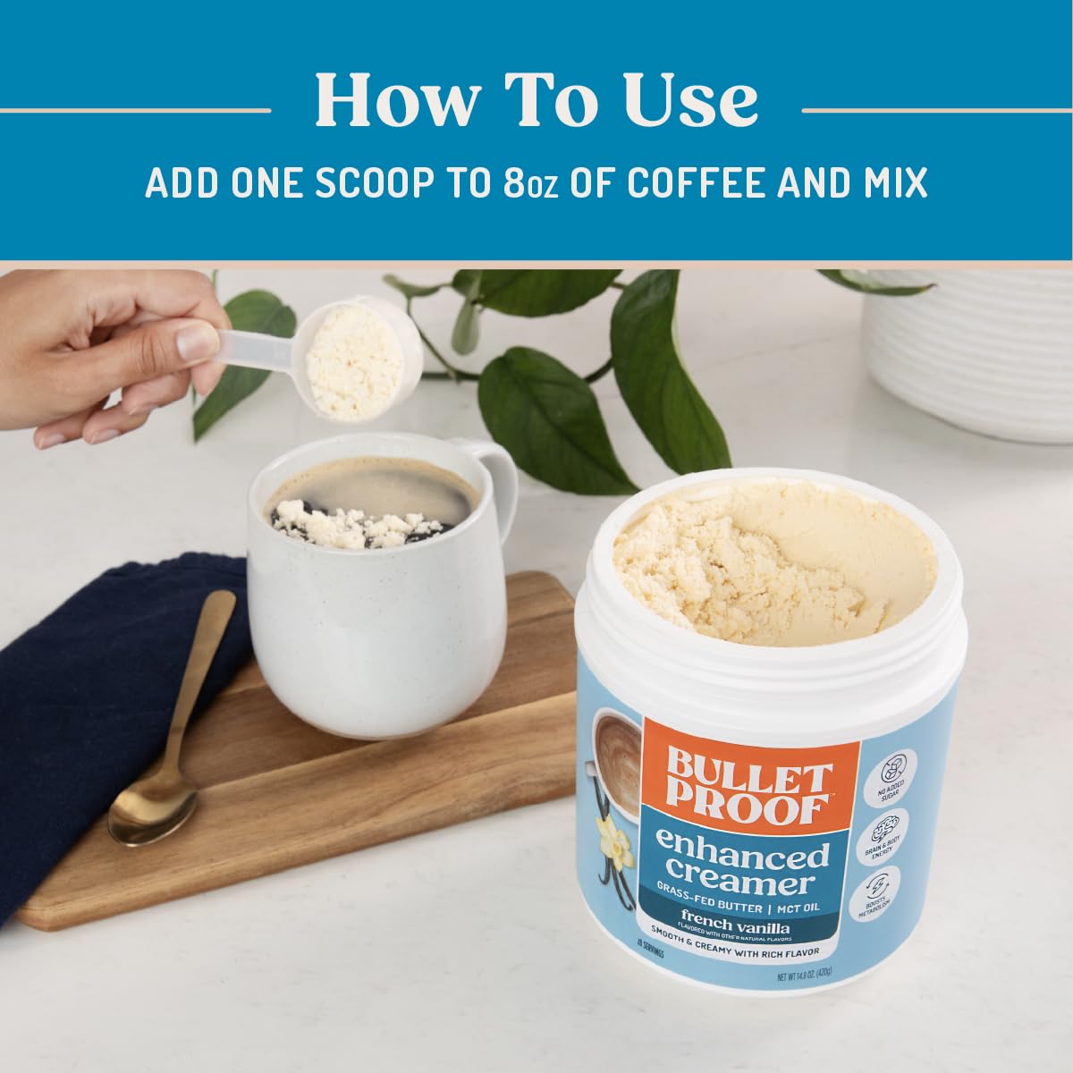 Bulletproof creamer texture on spoon displaying smooth blendability and mouthfeel