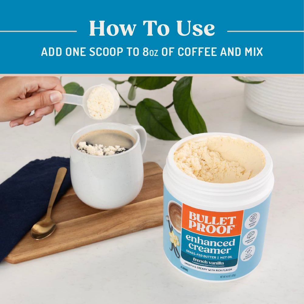 Bulletproof creamer texture on spoon displaying smooth blendability and mouthfeel