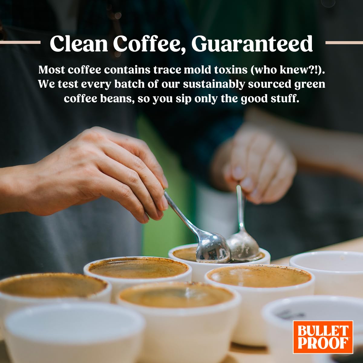 Bulletproof brewed cup with foam highlighting hazelnut finish benefit