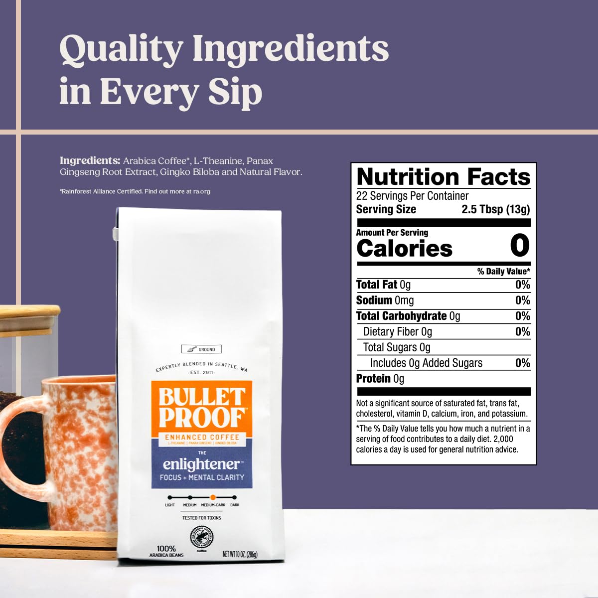 freshly brewed Bulletproof Enlightener cup steaming to suggest focus and enjoyable flavor