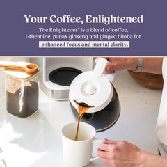 Fresh pour of Bulletproof Enlightener coffee into a mug highlighting aroma and rich medium-dark flavor