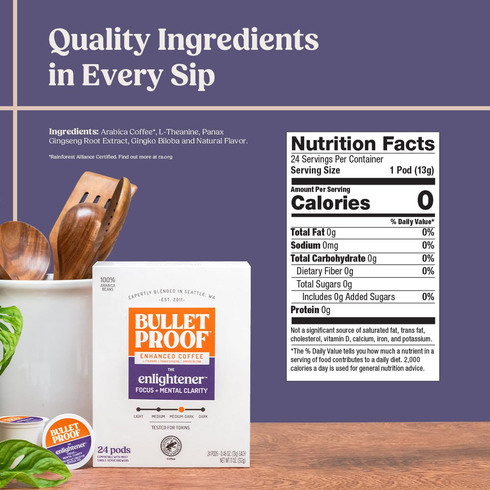 Close-up of a Bulletproof Enlightener single-serve pod displaying pod texture and easy brewing benefit