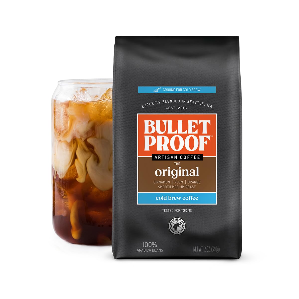 Bulletproof front packaging showing medium roast and coarse grind benefits