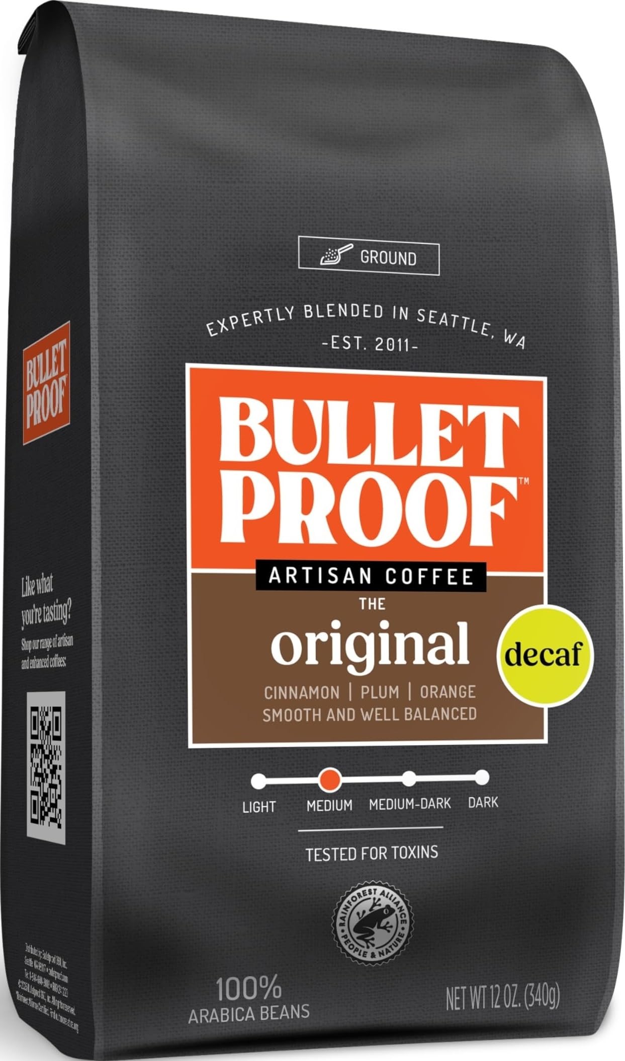 Bulletproof bag front packaging showing Original Medium Roast Decaf and benefits