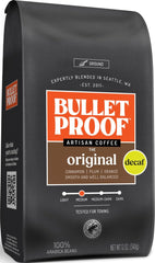 Bulletproof bag front packaging showing Original Medium Roast Decaf and benefits