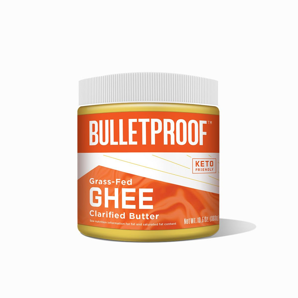 Bulletproof ghee front packaging showing brand and 13.5 oz size, clear benefit