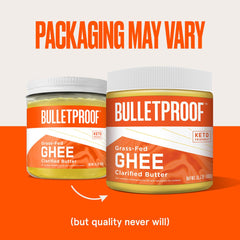 Bulletproof ghee jar open with spoon demonstrating spreadable texture and usability