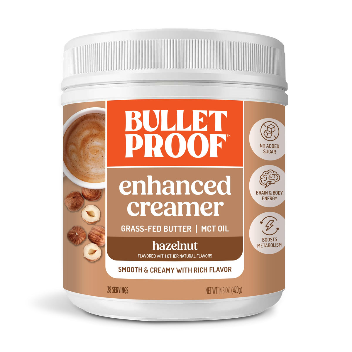 Bulletproof creamer front view showing hazelnut flavor and benefits