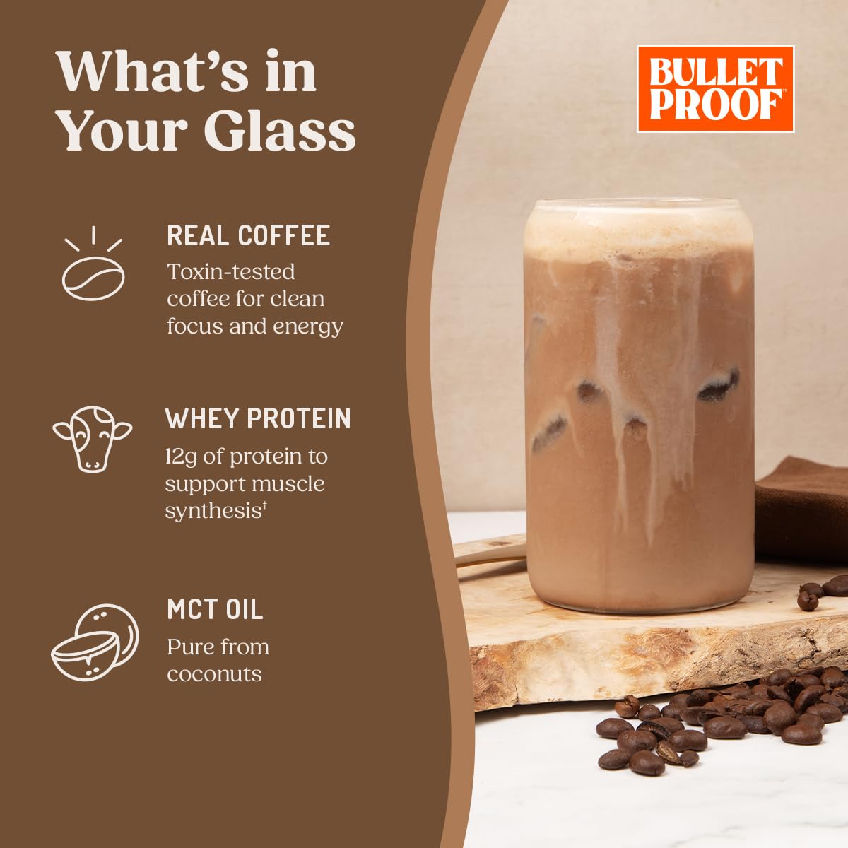 Chilled glass of Bulletproof iced protein coffee ready to drink, energizing refreshment