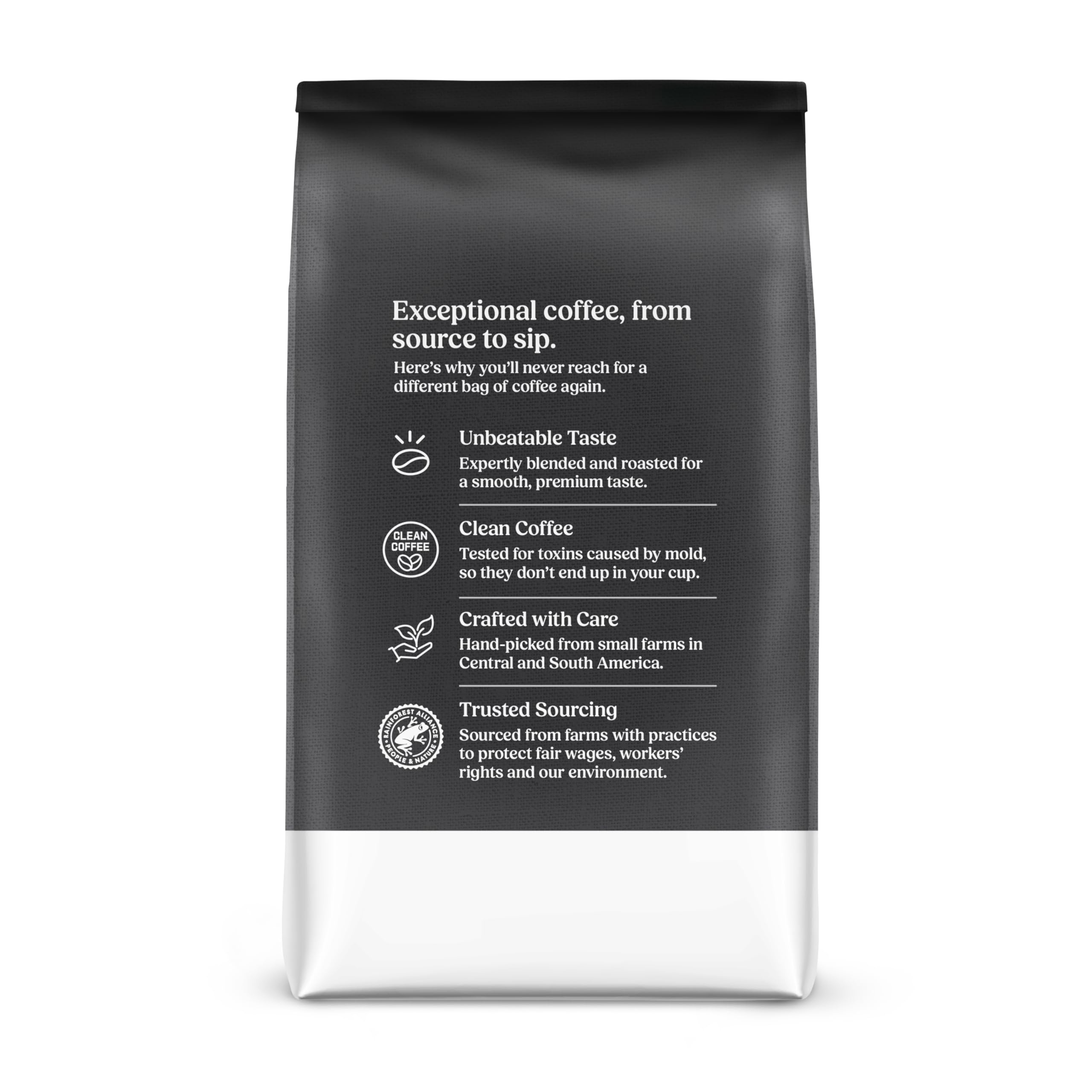 Bulletproof bag beside plant highlighting Rainforest Alliance sourcing