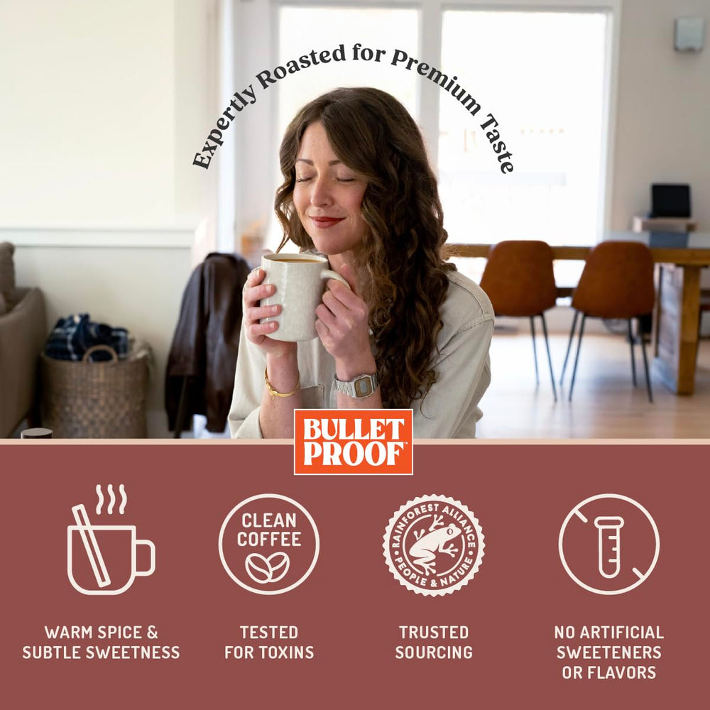 Bulletproof label with Rainforest Alliance seal and toxin-testing note for transparency