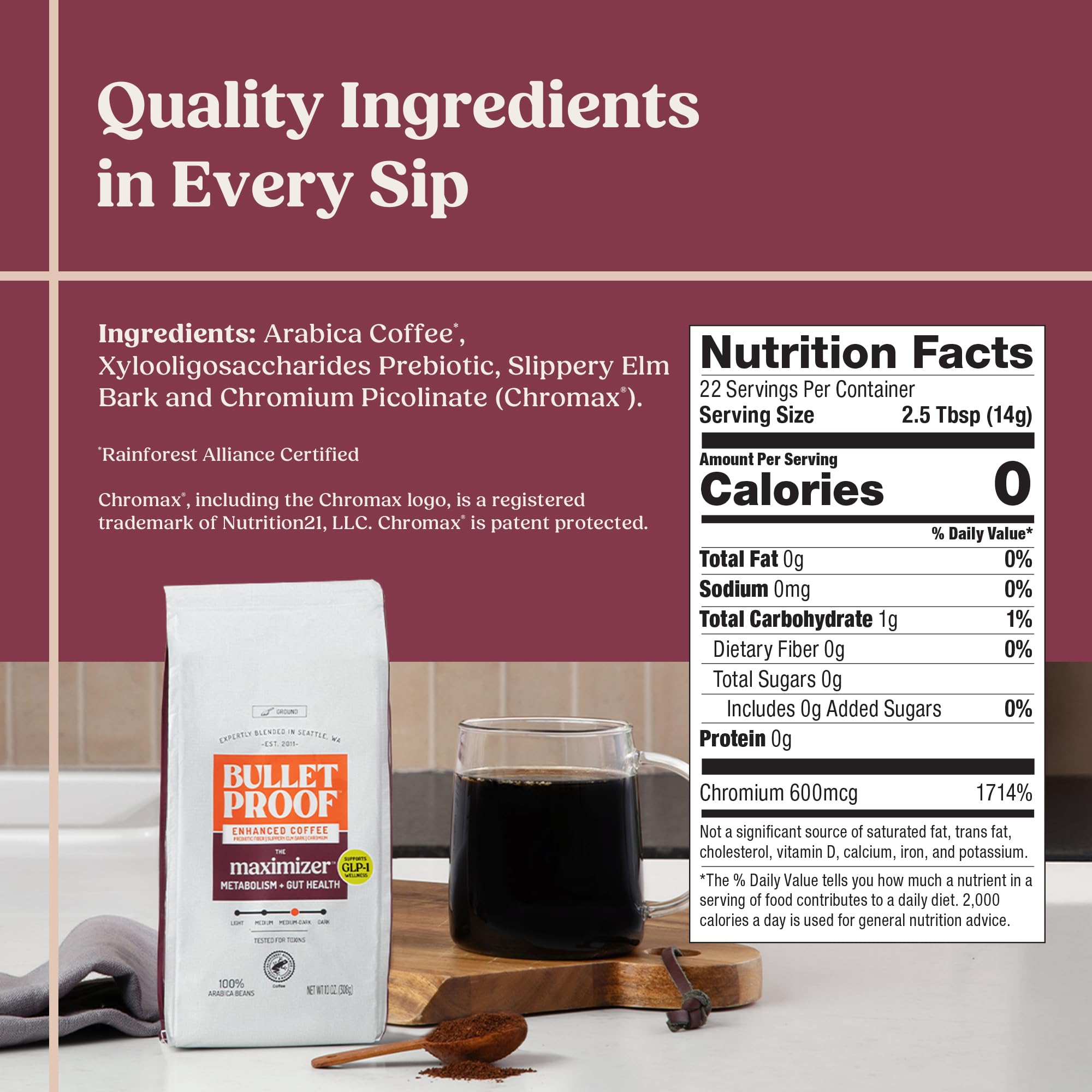 Bulletproof Maximizer with whole beans and botanical ingredients for transparency