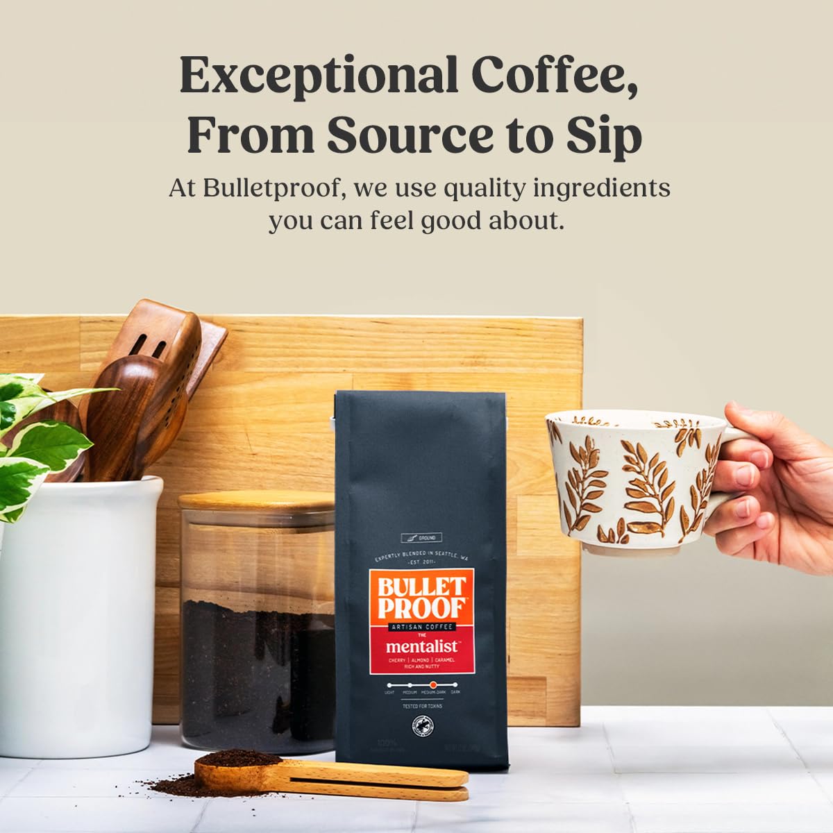 Bulletproof close-up of medium-dark ground coffee texture for flavor clarity