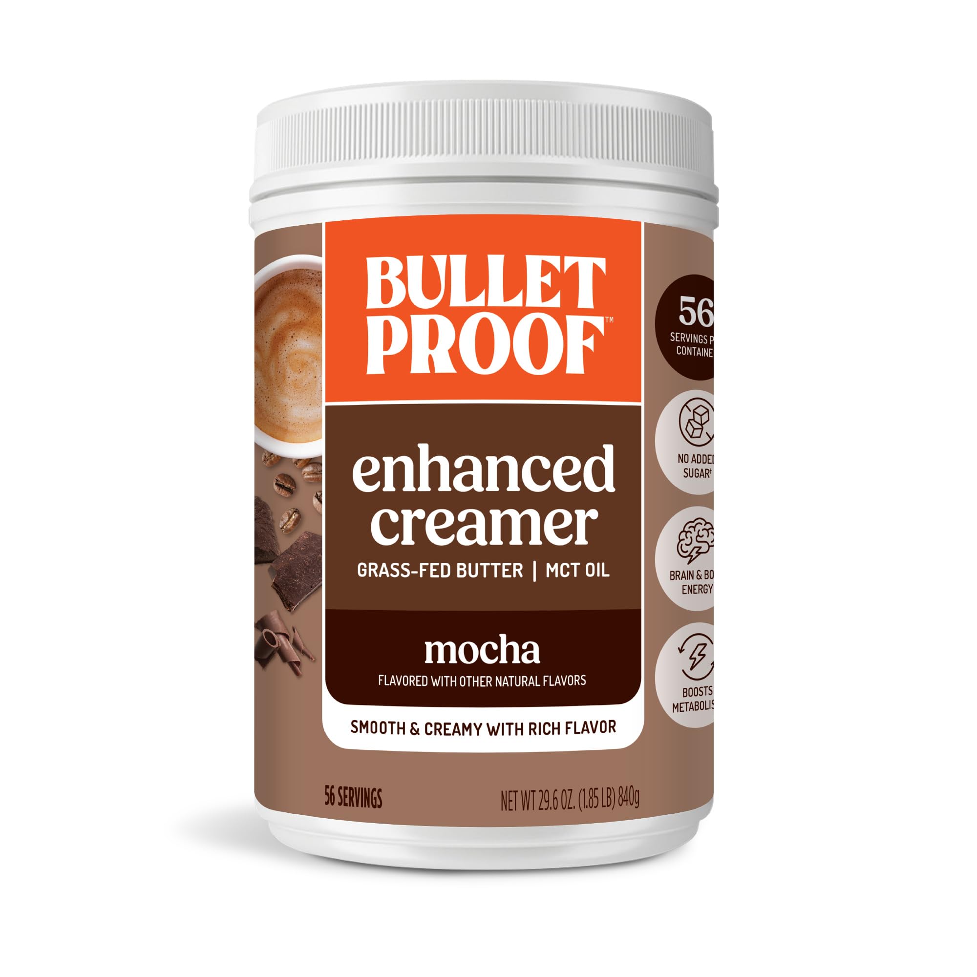 Bulletproof mocha creamer front label showing product name and size, promotes value size