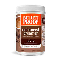 Bulletproof mocha creamer front label showing product name and size, promotes value size