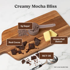Bulletproof creamer stirred into a mug of coffee shows creamy mocha result and enhanced flavor