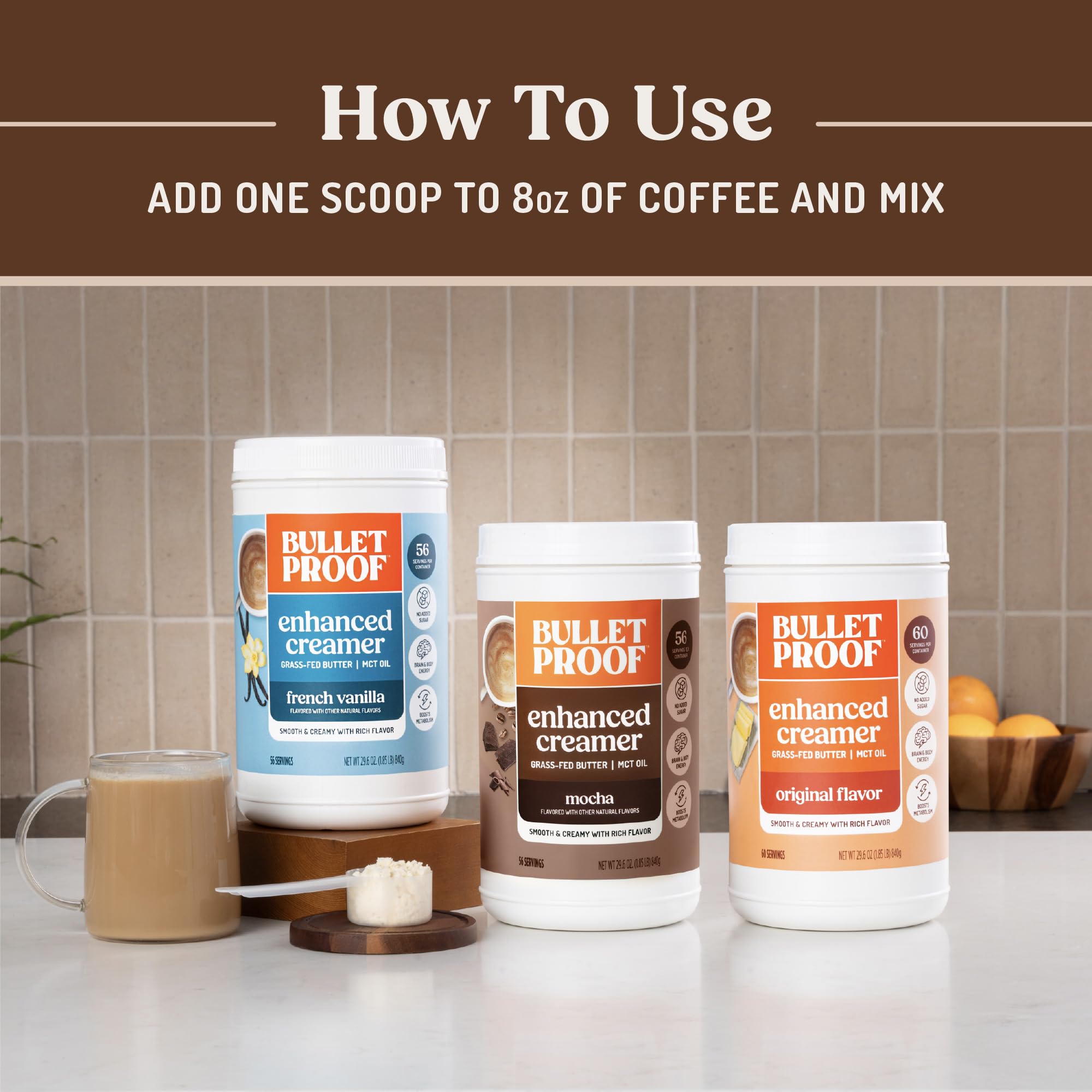 Kitchen lifestyle scene with Bulletproof creamer and prepared iced mocha shows everyday enjoyment