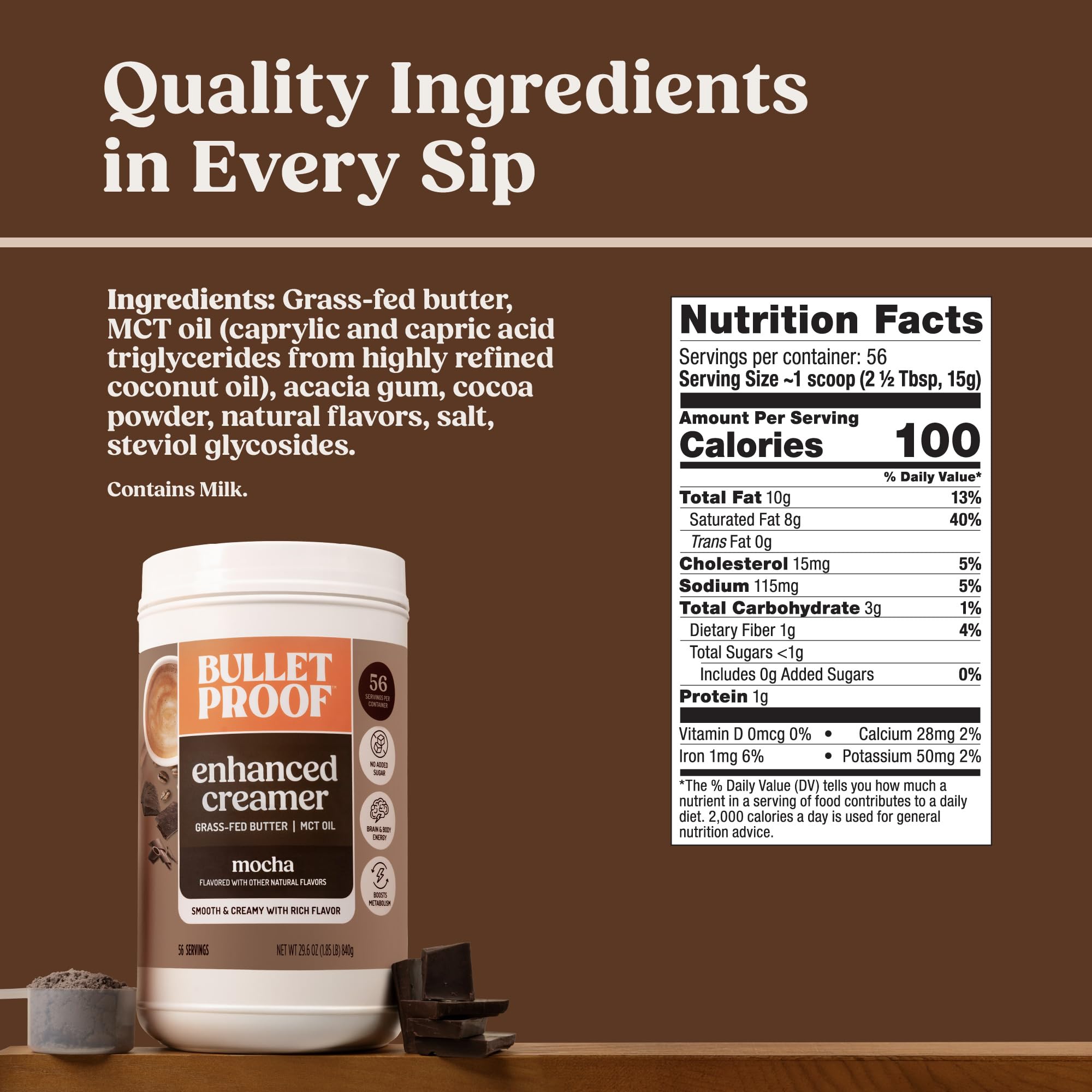 Bulletproof mocha creamer open container with scoop, shows easy portioning and convenience