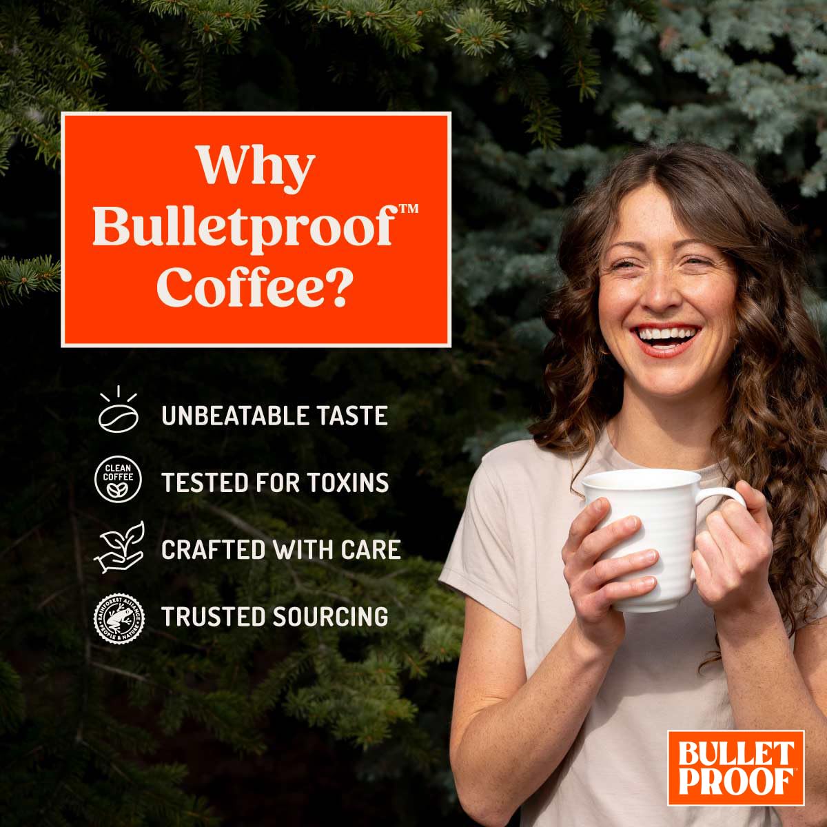 Bulletproof open bag with beans spilled showing roast color and aroma benefit for home grinding