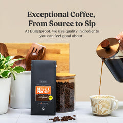 Bulletproof open bag with visible whole beans, emphasizes aroma and freshness benefit