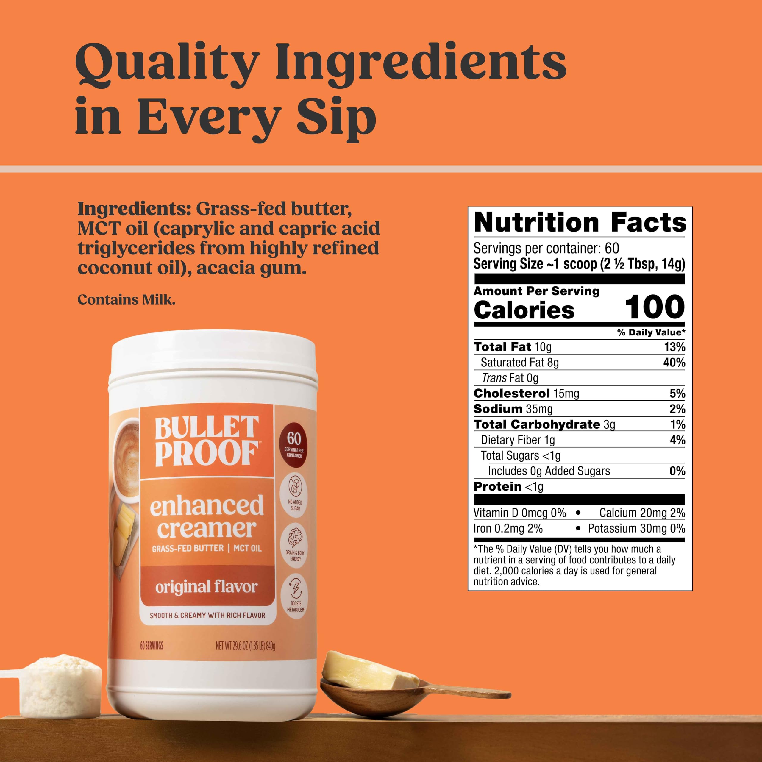 Open Bulletproof tub revealing fine powdered creamer texture for quick dissolving
