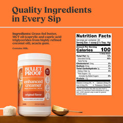 Open Bulletproof tub revealing fine powdered creamer texture for quick dissolving