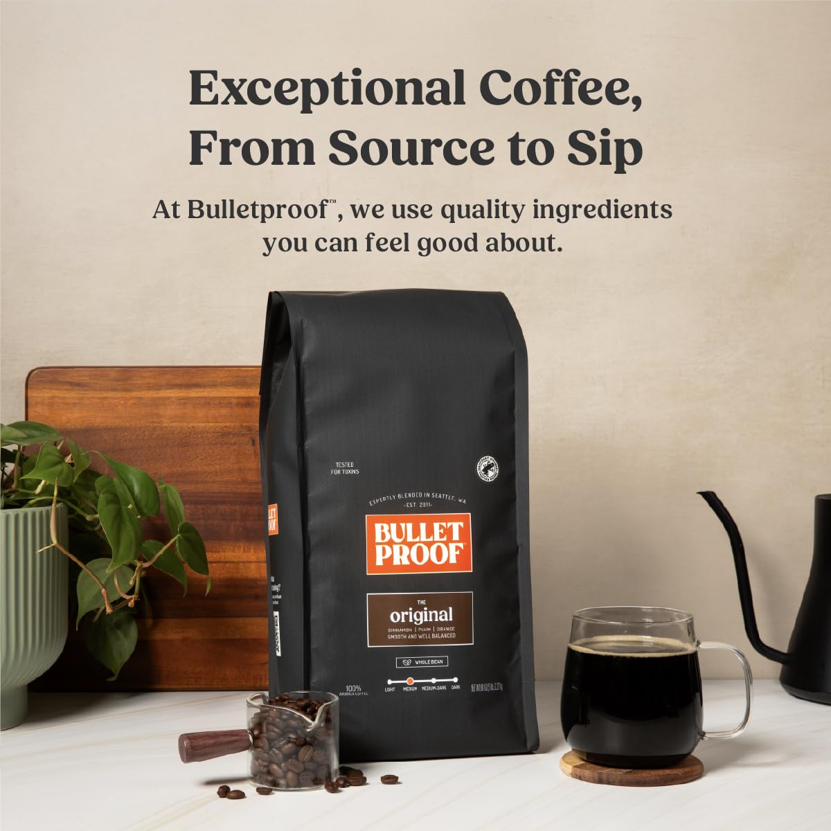 Bulletproof French press brew with foam illustrating rich body benefit