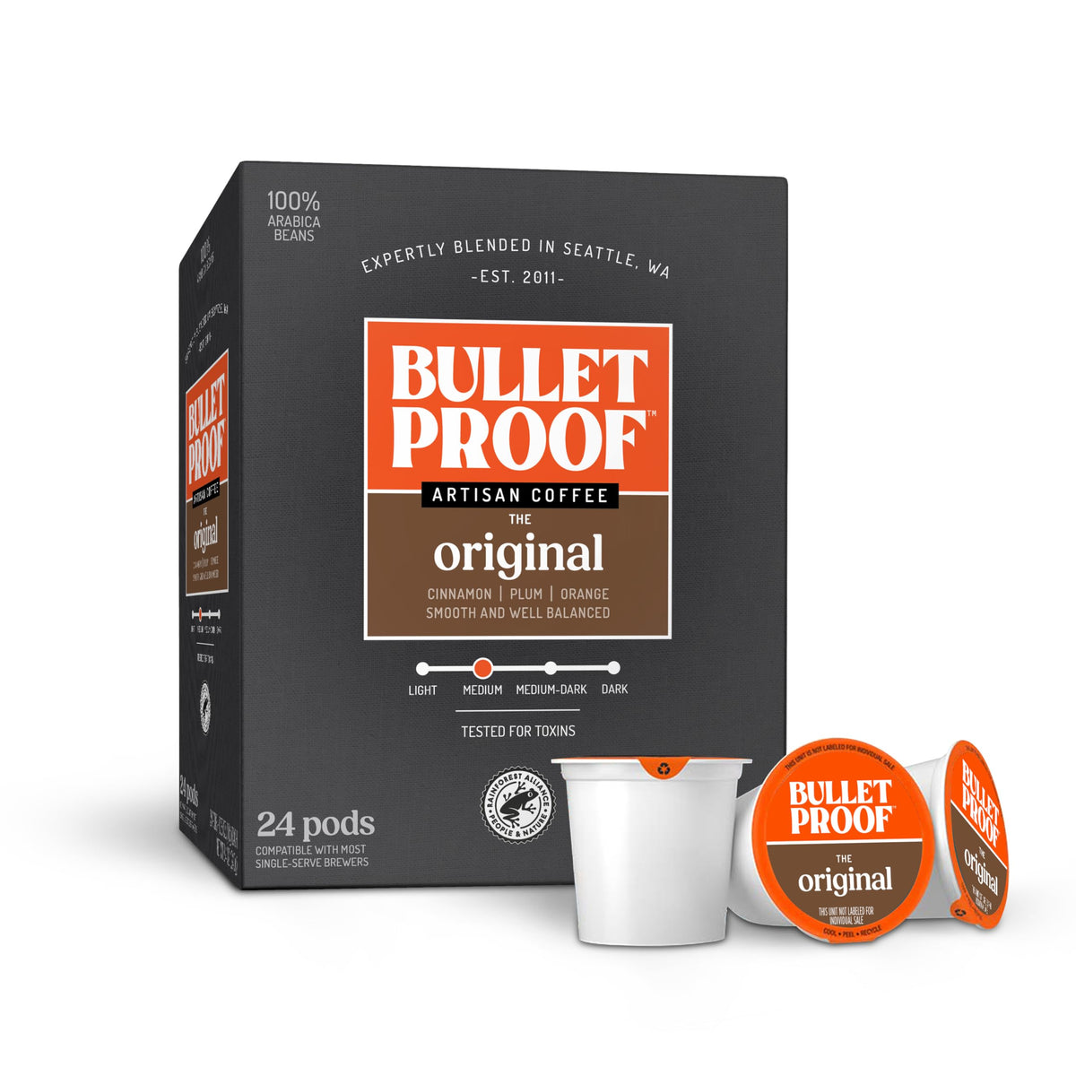 Bulletproof front packaging showing 24 pods and clear branding for convenient storage