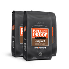 Bulletproof front packaging showing three 12 oz bags and clean branding benefit convenience