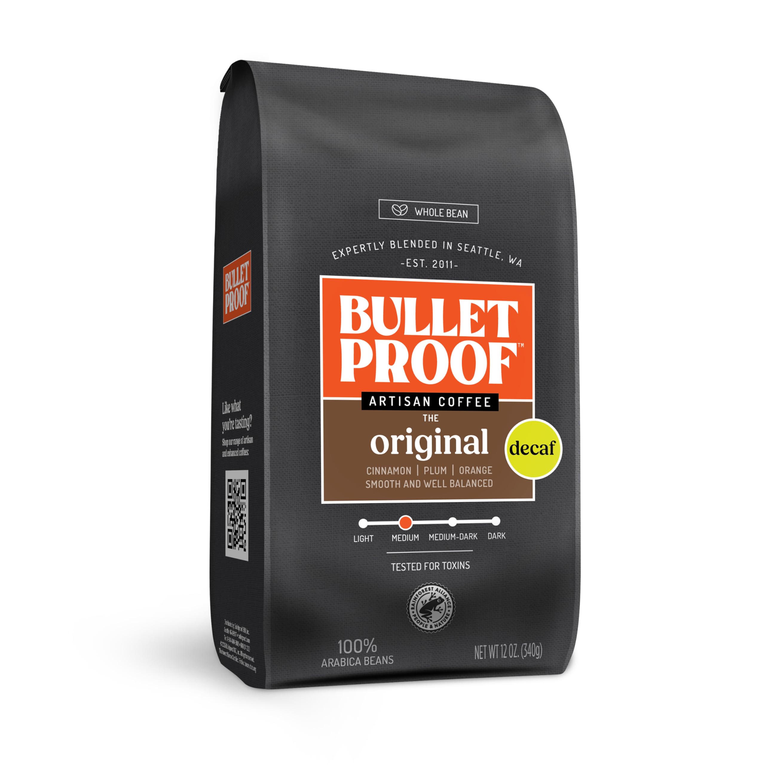 Bulletproof front packaging showing 12 oz bag and branding, highlights freshness benefit