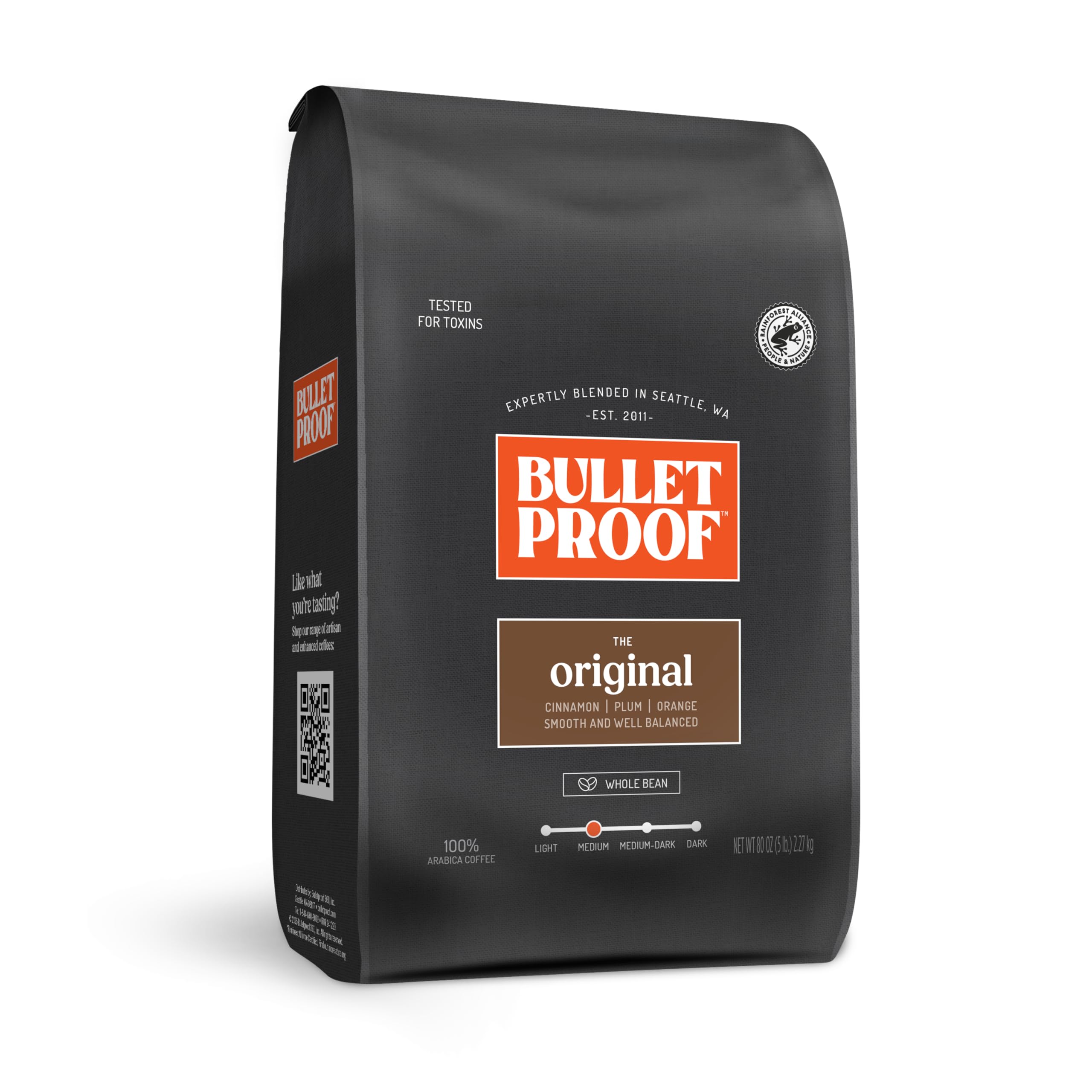 Bulletproof front packaging showing 5-pound bag and clean coffee benefits