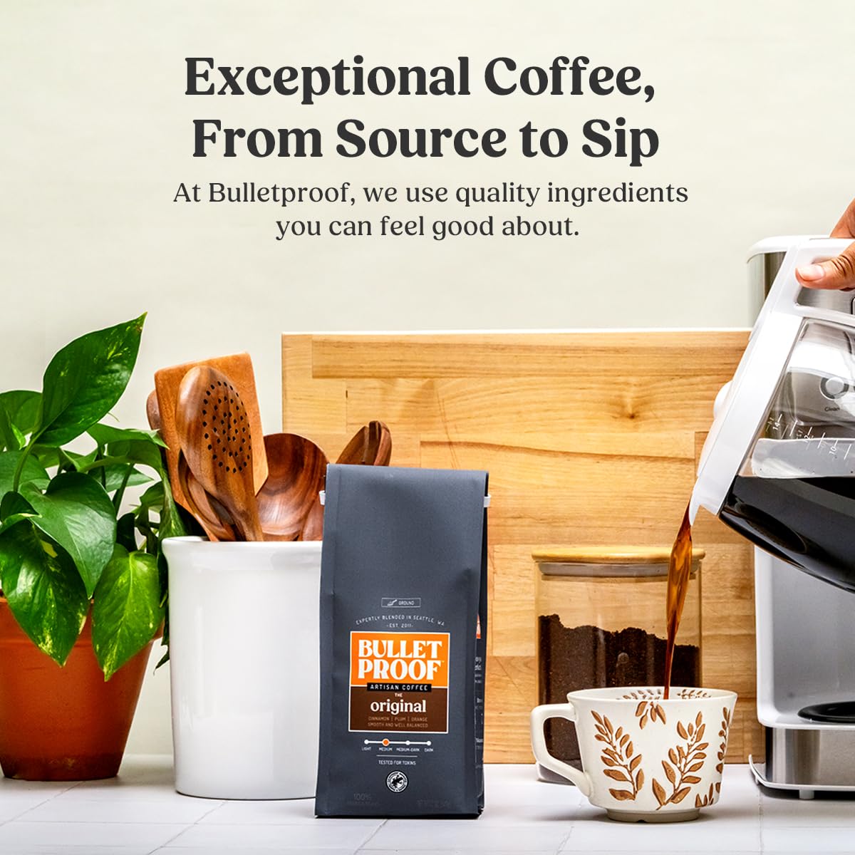 Bulletproof ground coffee texture arranged on spoon showing consistent grind for brewing