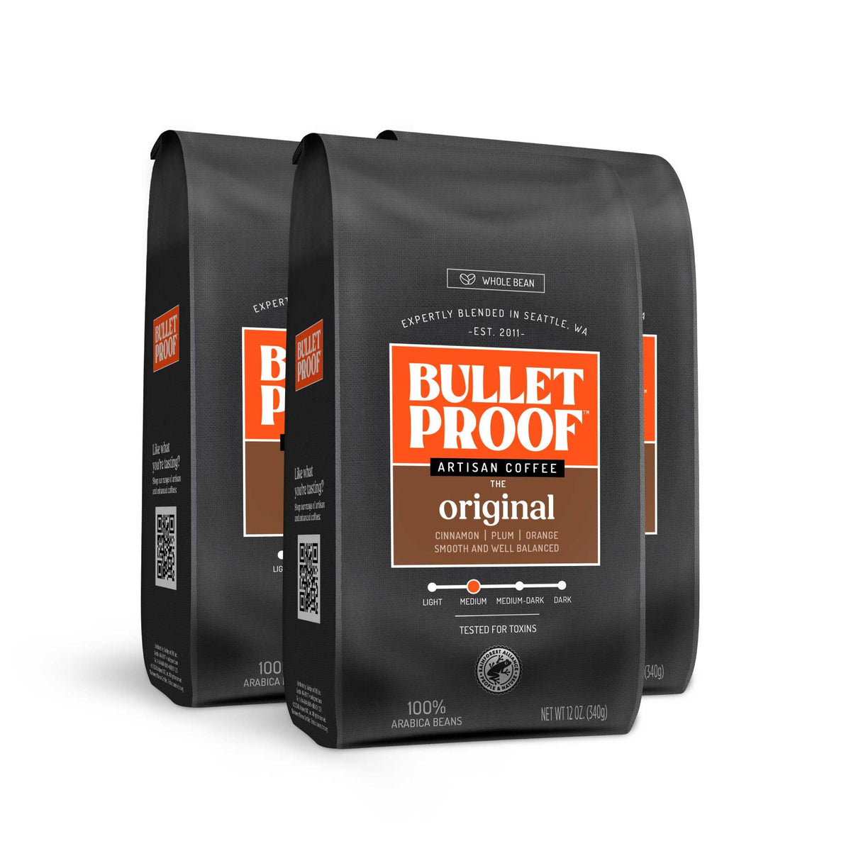 Bulletproof front packaging showing three 12 oz bags and clear branding benefit: recognizable shelf appeal