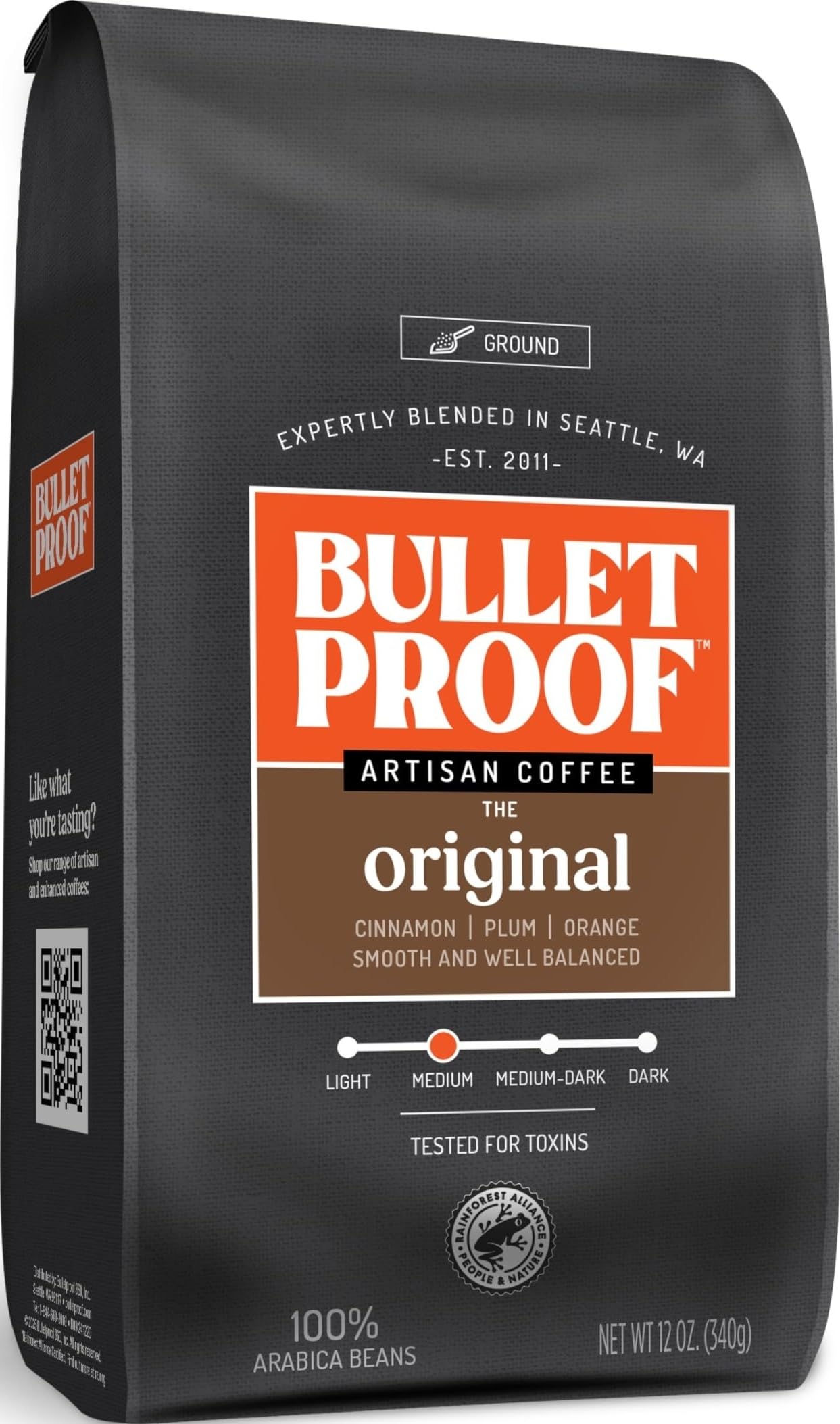 Bulletproof front packaging showing 12 oz bag and clean branding benefit